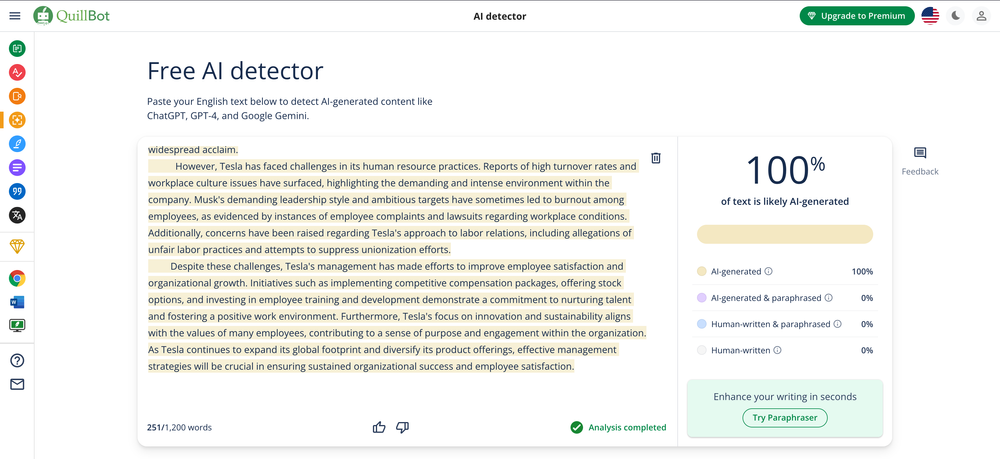 A screenshot showing results from QuillBot that the student’s writing is 100% likely written by AI.