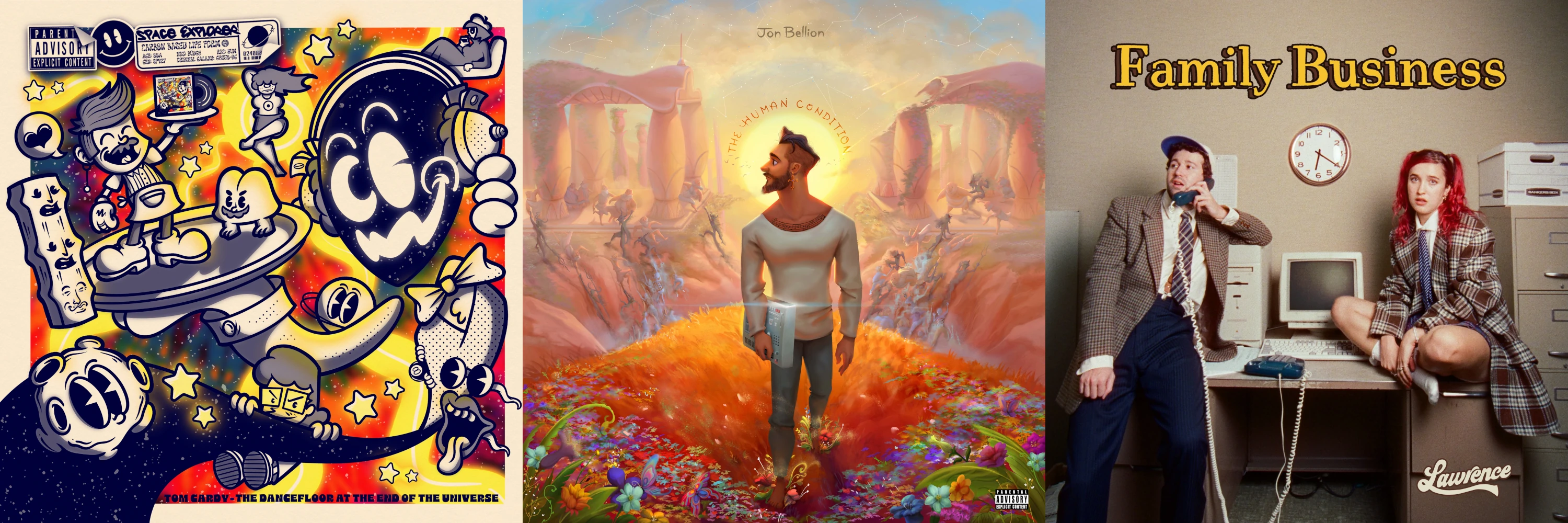 Three album covers: The Dancefloor At The End Of The Universe by Tom Cardy, The Human Condition by Jon Bellion, and Family Business by Lawrence.